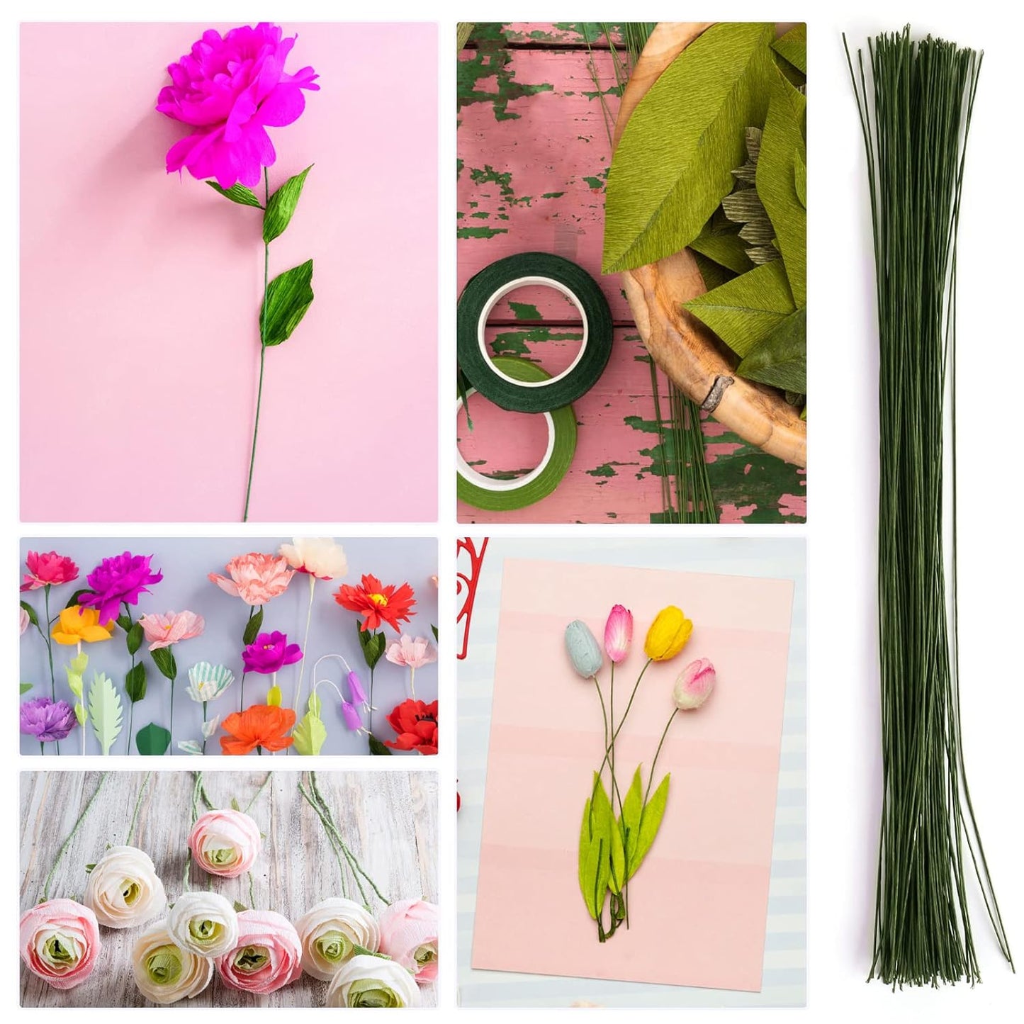 GLAMFIELDS Floral Arrangement Kit with Cutter, 5 Rolls 1/2" Wide Floral Tapes, 100 pcs 26 Gauge Floral Stem Wire, 1 Roll 22 Gauge Floral Wire for Bouquet Stem Wrapping and Floral Crafts