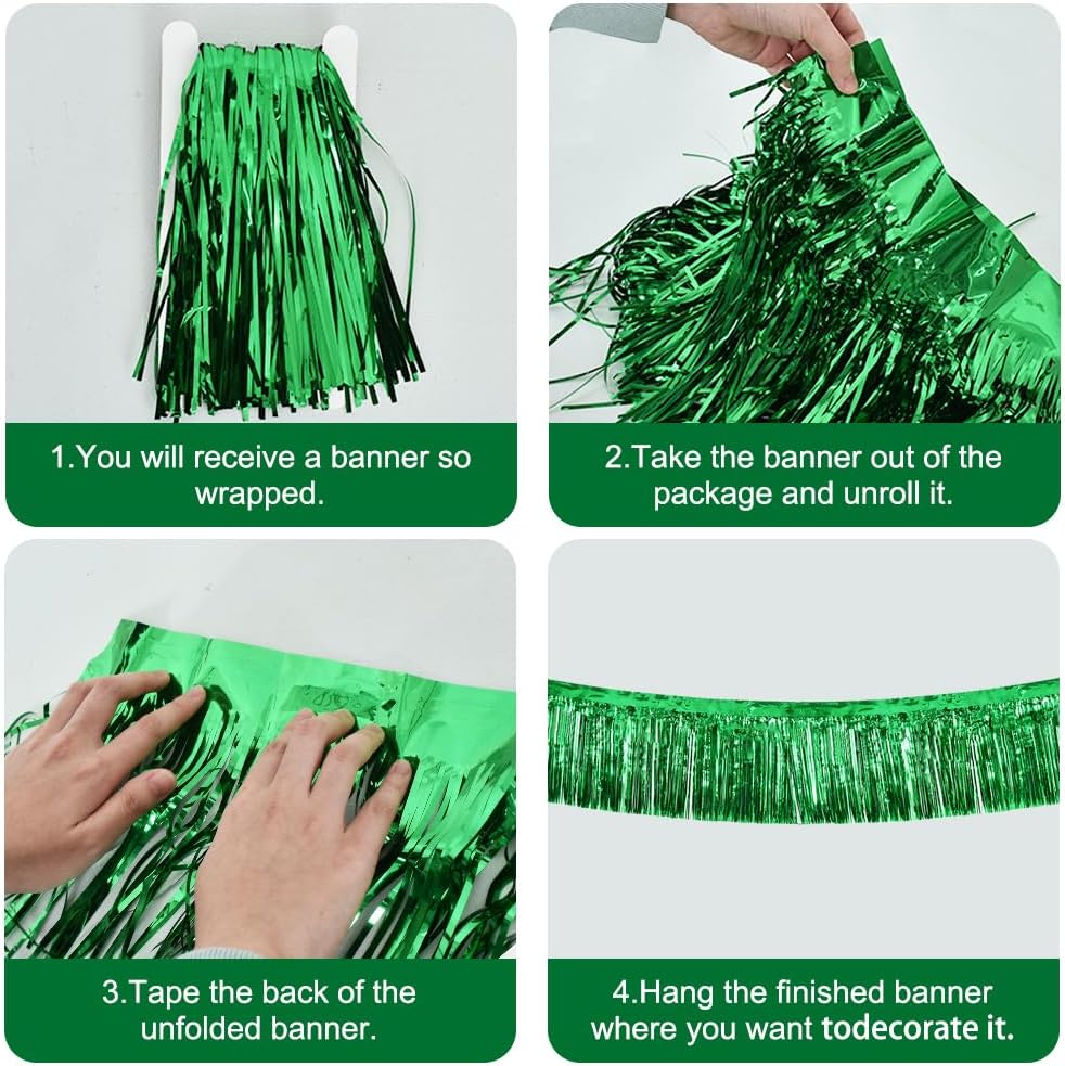 BEISHIDA 3 Packs Metallic Foil Fringe Garland Green Wall Hanging Tinsel Fringe Banner for Halloween Christmas Car Floats Bridal Shower Wedding Birthday Easter Graduation Holiday Party Decoration 30 Ft