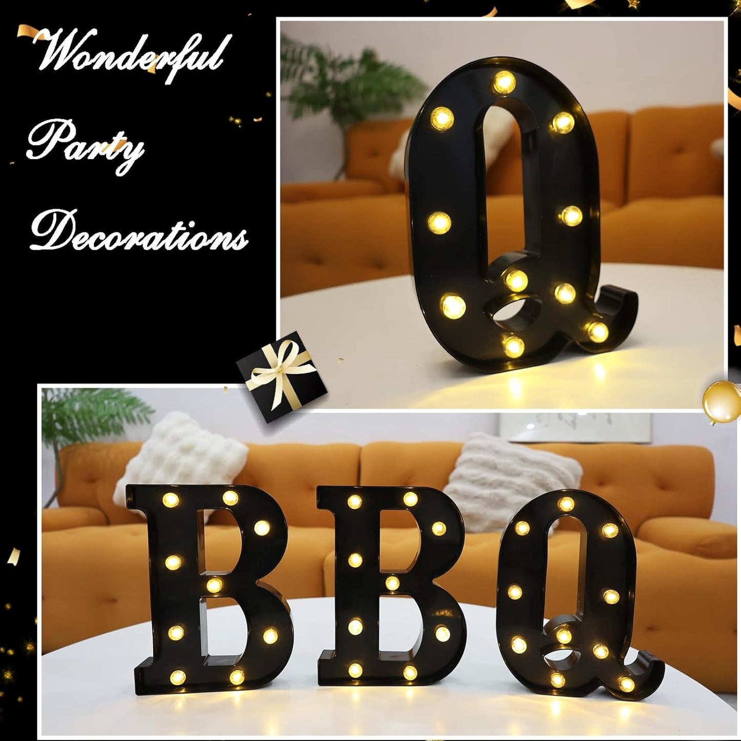 Led Marquee Letters, 8.58 Inch Black Light Up Letters, Small Led Letter Lights, Battery Powered Lighted Letterfor Table, Party, Birthday, Christmas Decor (Black, Letter Q)