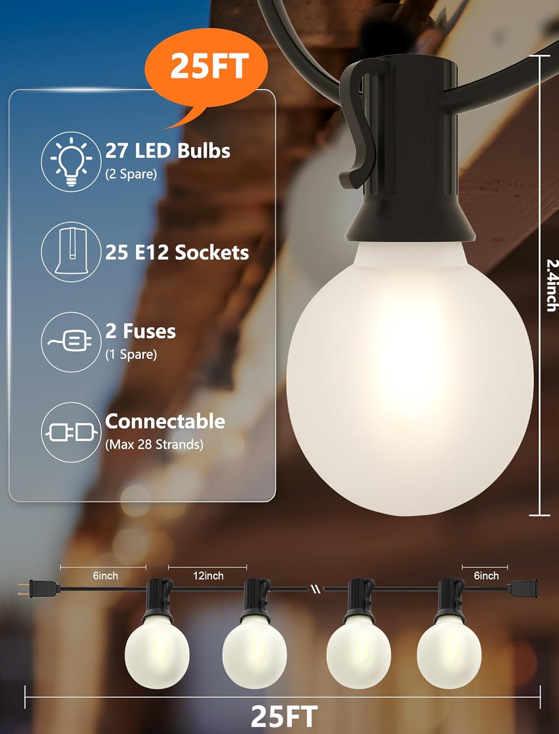 G40 Outdoor Globe Lights, 25FT Globe Christmas Lights with 27 LED Shatterproof Frosted Bulbs (2 Spare), Outdoor String Lights for Party Patio Garden Backyard Bistro Pergola Gazebo Decor, Black Wire