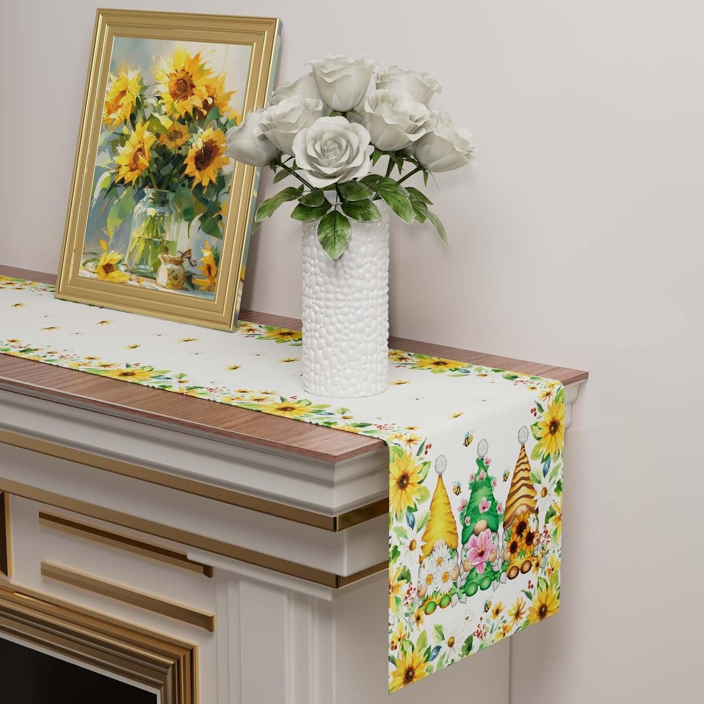 XCHI Yellow White Daisies Flowers Gnomes Spring Table Runner Burlap Table Decoration for Summer Seasonal Home Kitchen Dining Dinner Indoor Holiday Farmhouse Decor 13x48 Inch