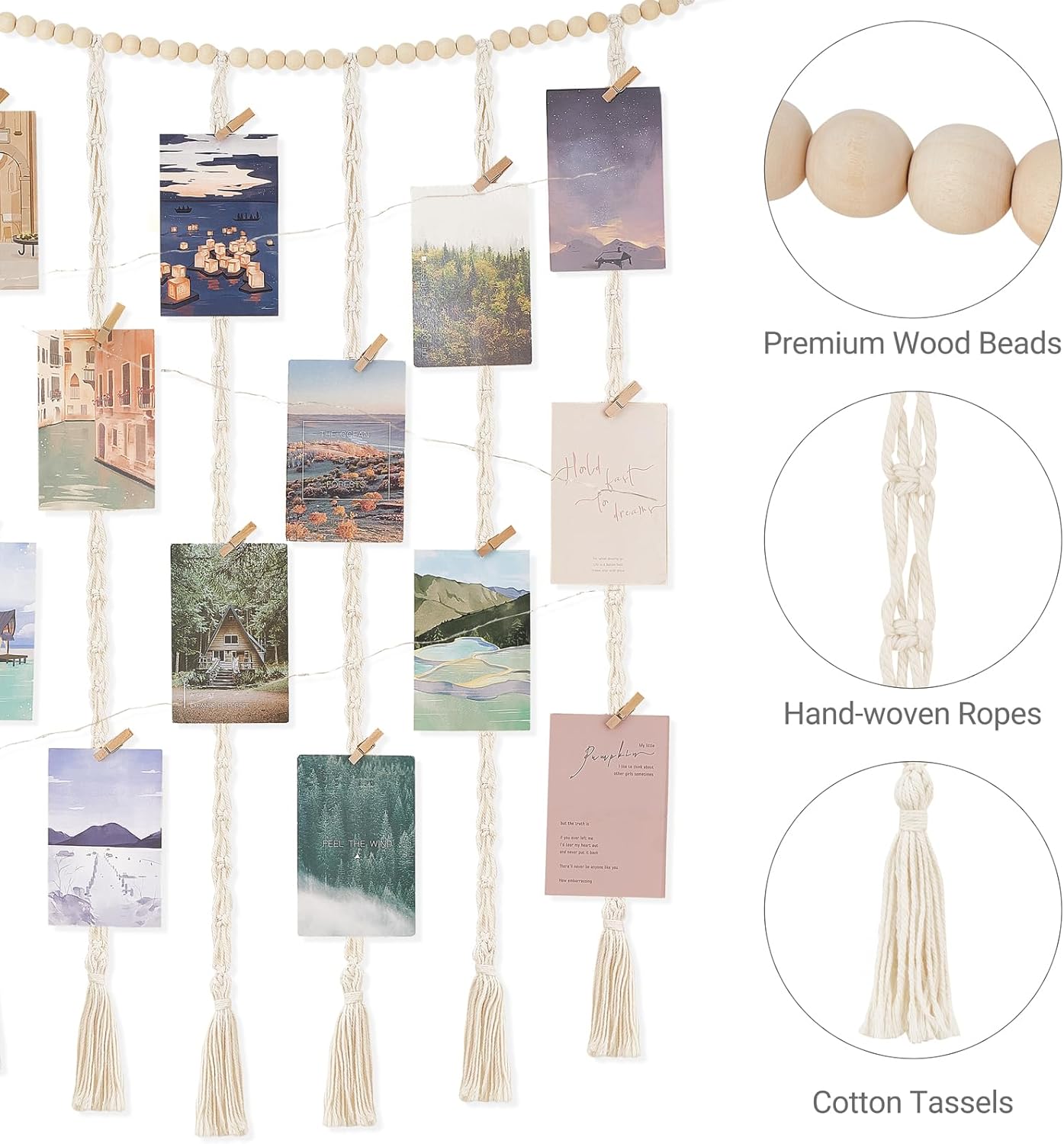 Mkono Macrame Hanging Photo Display Wall Decor with String Lights, Boho Wooden Beads Garland Collage Picture Card Frame Holder with 30 Clips for Bedroom Living Room Dorm, Teen Girls Christmas Gifts