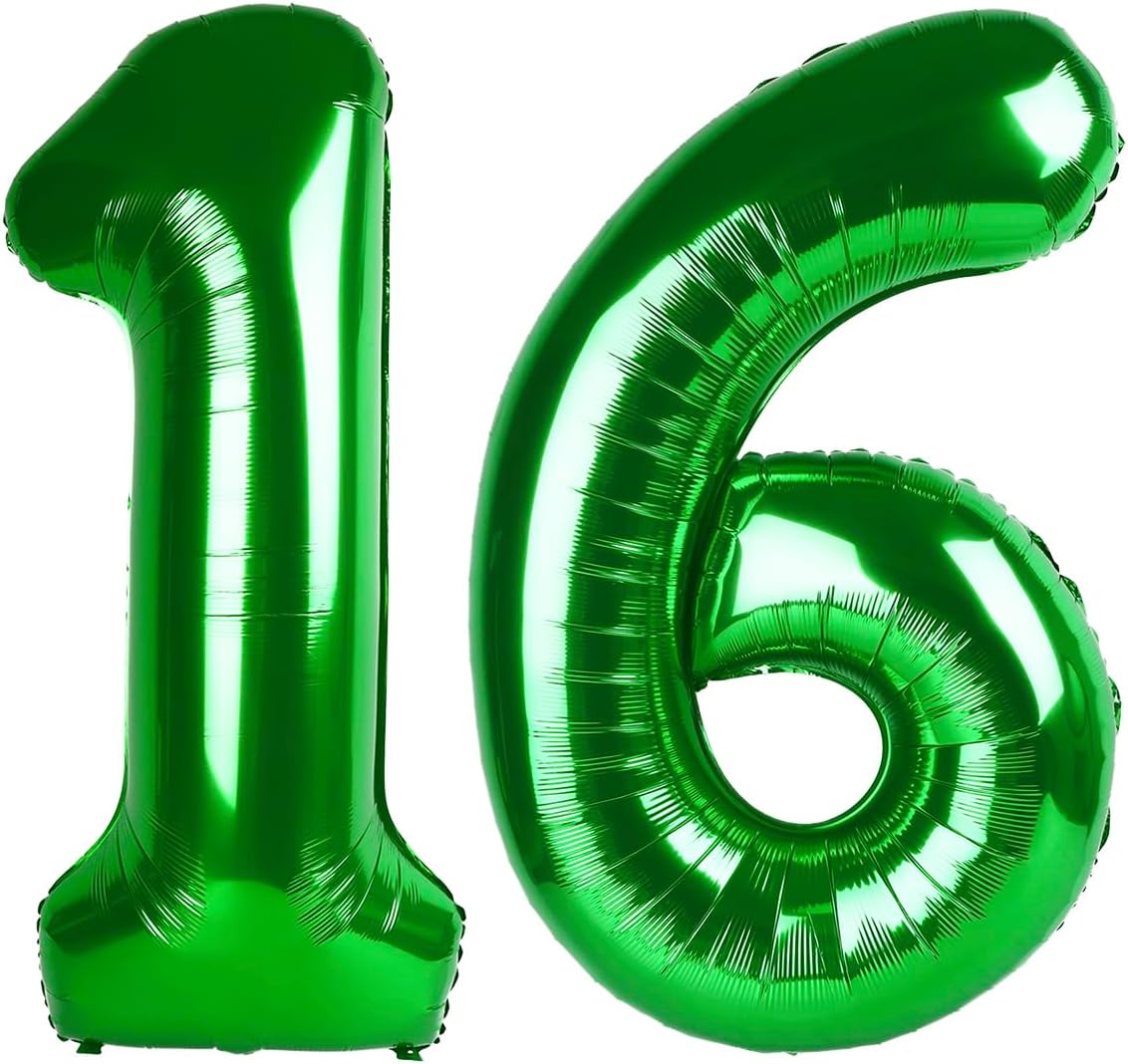 40 Inch Green Mylar Foil Number 16 Birthday Balloon, Digital Balloons for 16 Boy Girl Party Decorations Supplies, Big Helium Balloon Numbers for 16 Men Women Anniversary