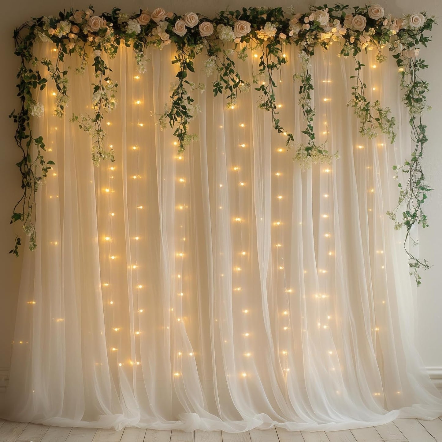 Ivory Tulle Backdrop Curtain with Lights String - 10x10ft Sheer Backdrop with 300 LEDs for Wedding, Baby Shower, Bridal Shower, Birthday Party Photo Shoot Background and Home Decorations