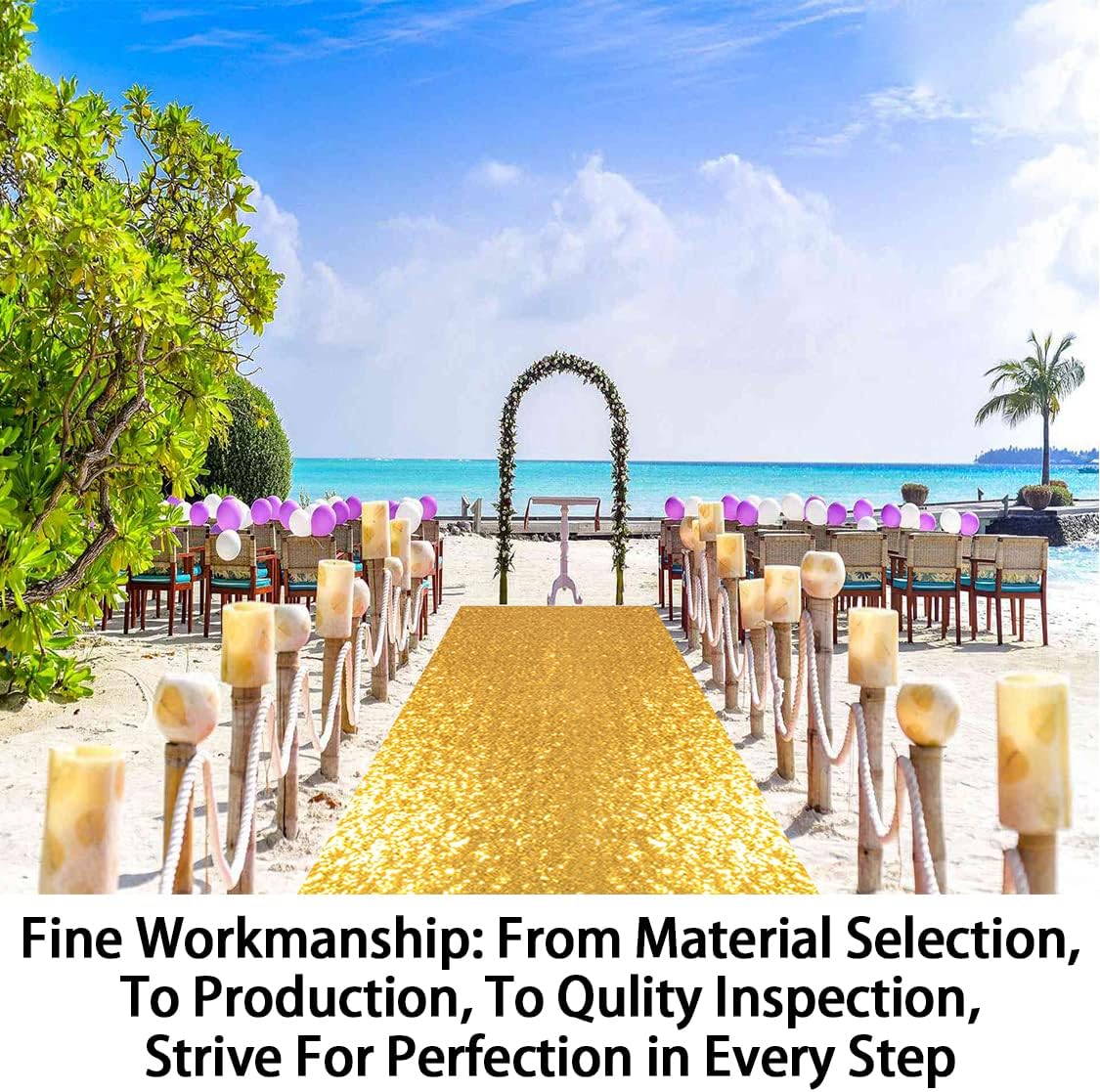 ShinyBeauty 4x20ft Sequined Gold Wedding Aisle Runner – Floral Printed Reusable Carpet Runner for Bride Walkway, Indoor Outdoor Ceremony