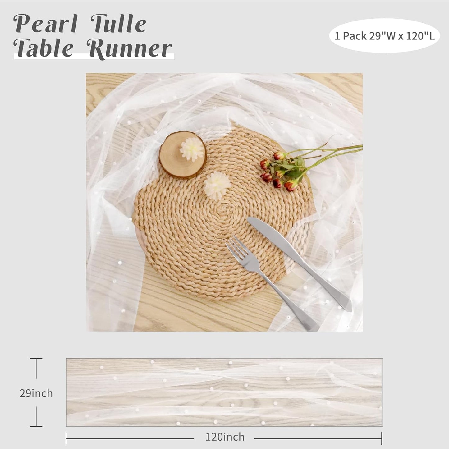 Pearl Table Runner 29 x 120 Inch Tulle Fabric Lace Table Runners Boho Rustic Tablecloth for Bridal Shower Birthday Party Wedding Arch Aisle Veil Dessert Table Decor(1 Pack, White)