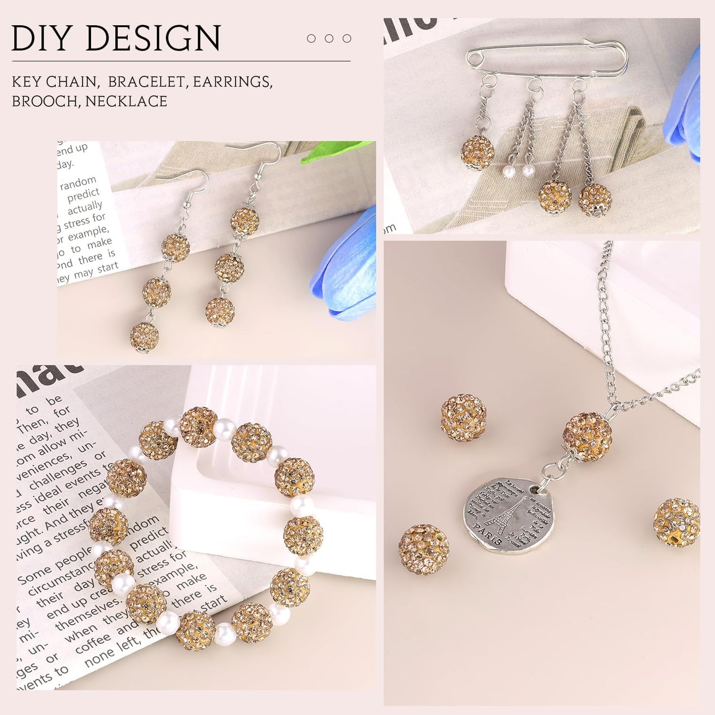 150 pcs 10mm Rhinestone Beads for Jewelry Making, Light Brown Shiny Round Shamballa Disco Beads Bulk, Sparkle Crystal Clay Christmas for Bracelet Baseball Necklace Earring Crafting and DIY