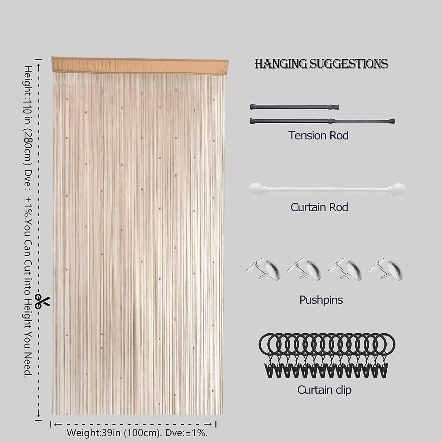 Beaded Doorway Curtain Door Beads Dense String Curtains Fringe Hippie Perfect for Wall Hanging Decor Room Divider Privacy Doors Window Closet Doorways Decorations (100x280cm,Beige)