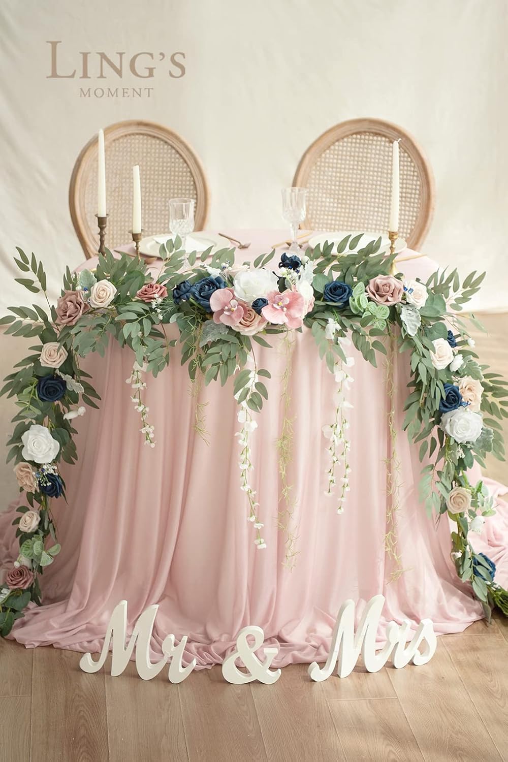 Ling's Moment 9FT Eucalyptus and Willow Leaf Garland with White Flower, Handcrafted Wedding Sweetheart Table Centerpieces Head Table Decor Arch Backdrop Decorations for Wedding | Dusty Rose & Navy