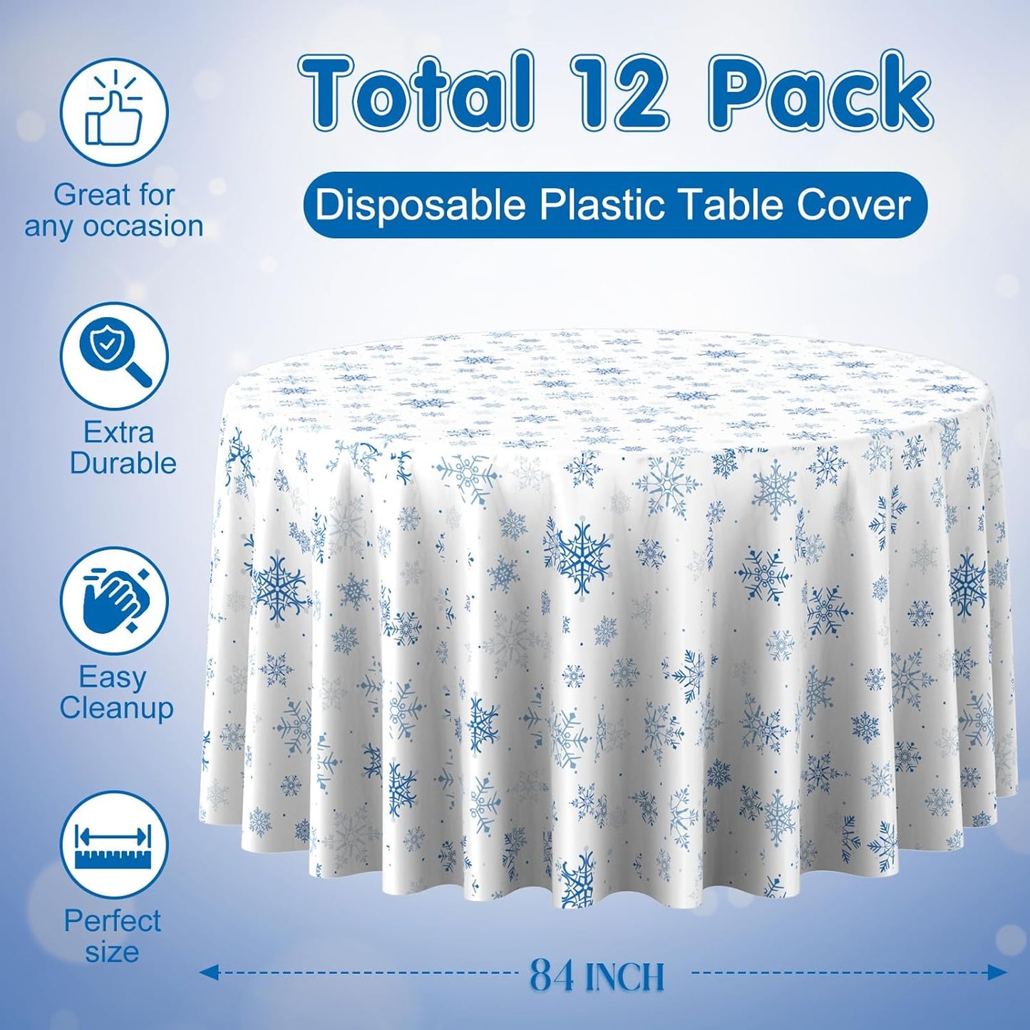 12 Pieces Christmas Snowflake Plastic Party Tablecloth Decorations,Disposable Blue Snowflake White Xmas Round Table Cover Backdrop for Winter Christmas Holiday Party Supplies,84 inch (Blue White)