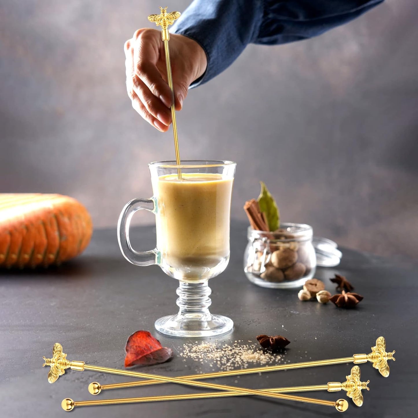 4Pcs Bumble Bee Cocktail Stirrers Swizzle Sticks Stainless Steel 7.5" Coffee Beverage Stir Sticks with Gold Decor Top for Mixing Cocktail, Hot Cocoa, Creamer