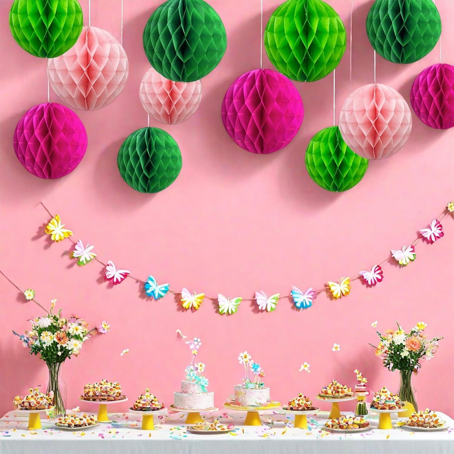 CC wonderland zone 12pcs Hot Pink and Green Paper Honeycomb Balls,6" & 10" Hanging Tissue Pom poms for Birthday Party Decoration