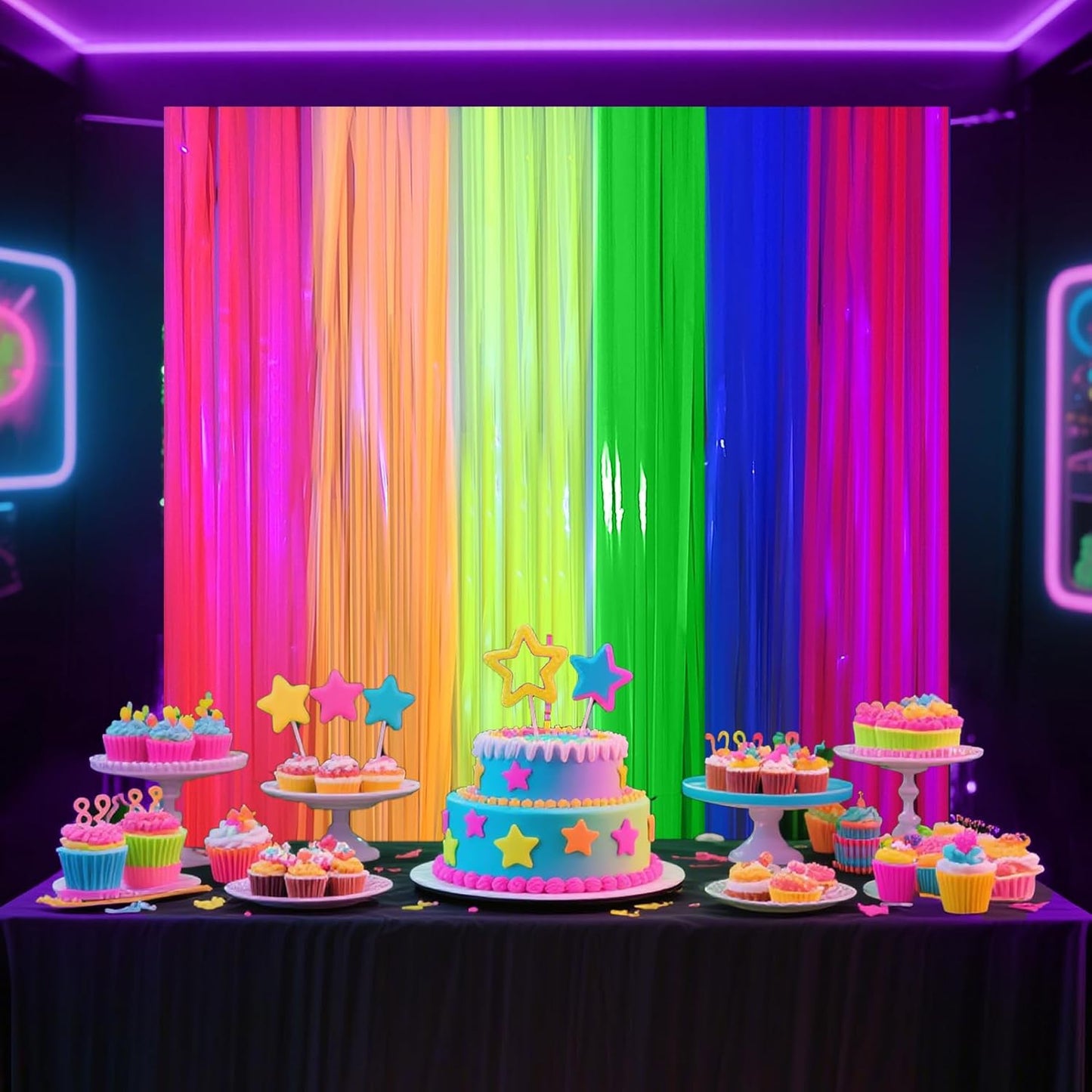 4 Packs Glow in the Dark Foil Fringe Curtain, Macaron Rainbow Blacklight Reactive Fluorescent Tinsel Backdrop Neon Luminous Streamers for Birthday, Wedding, Neon Party, Glow Party Decorations Supplies