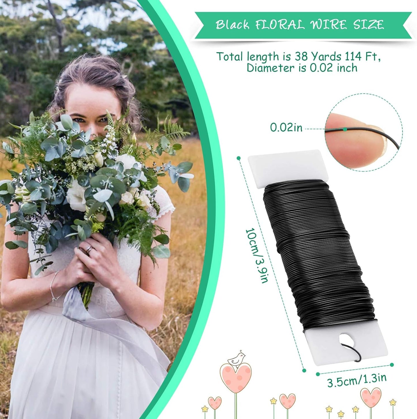 Hotop Floral Wire 38 Yards 114 Ft Florist Paddle Wire 22 Gauge Flexible Paddle for DIY Crafting Wreath, Floral Arrangement, Bouquet Stem Wrapping, Christmas Wreaths Tree, Wedding Bouquets(Black)