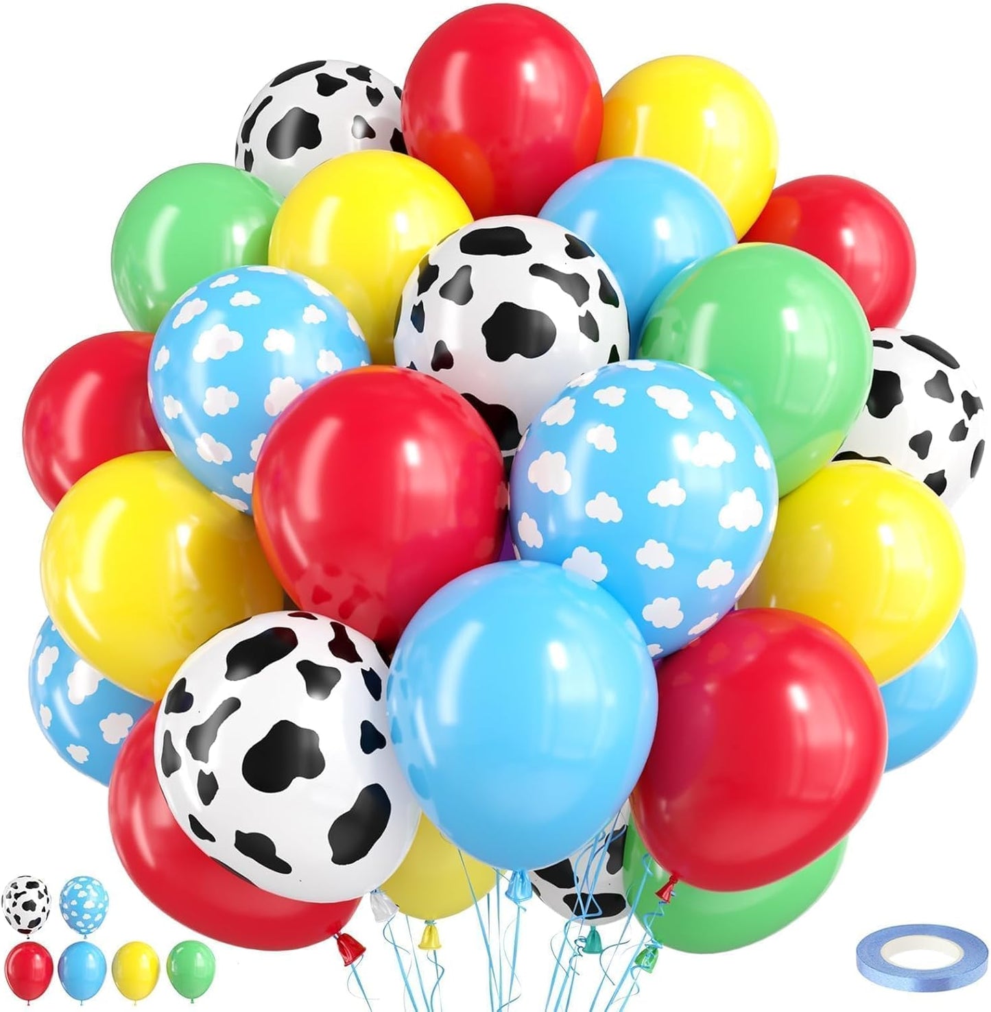 Farm Animal Print Balloon,50Pcs Sky Blue Cloud Balloons Set Red Blue Yellow Green Latex Balloon,for Boys Girls Birthday Party Supplies