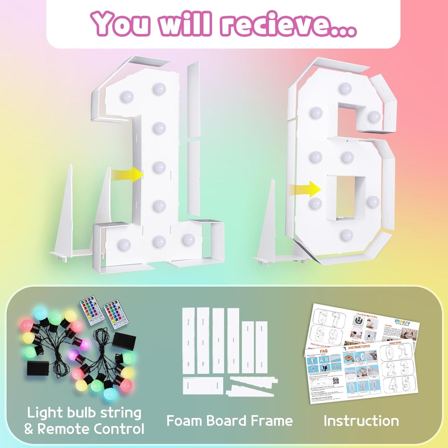 Marquee Numbers 16th-Birthday Decoration: Colorful 3FT Large Light Up 16 Year Old Birthday Decorations Anniversary Backdrop for Boys Girls Cardboard Sign 18 Colors Number 16 Mosaic Balloon Frame