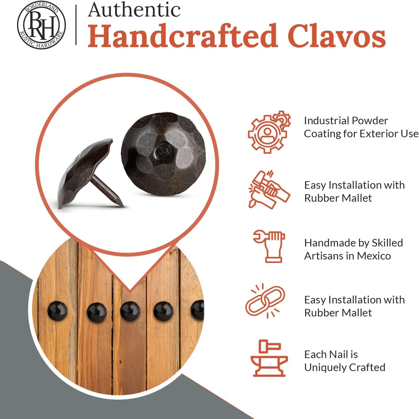 10 Pack 1.25" Round Head Iron Clavos Decorative Nails – Sealed Unfinished – Handmade Rustic Round Fasteners for Farmhouse Shutters, Faux Wood, Barn Doors, Shutters, Gates – Ornamental Wood Accent