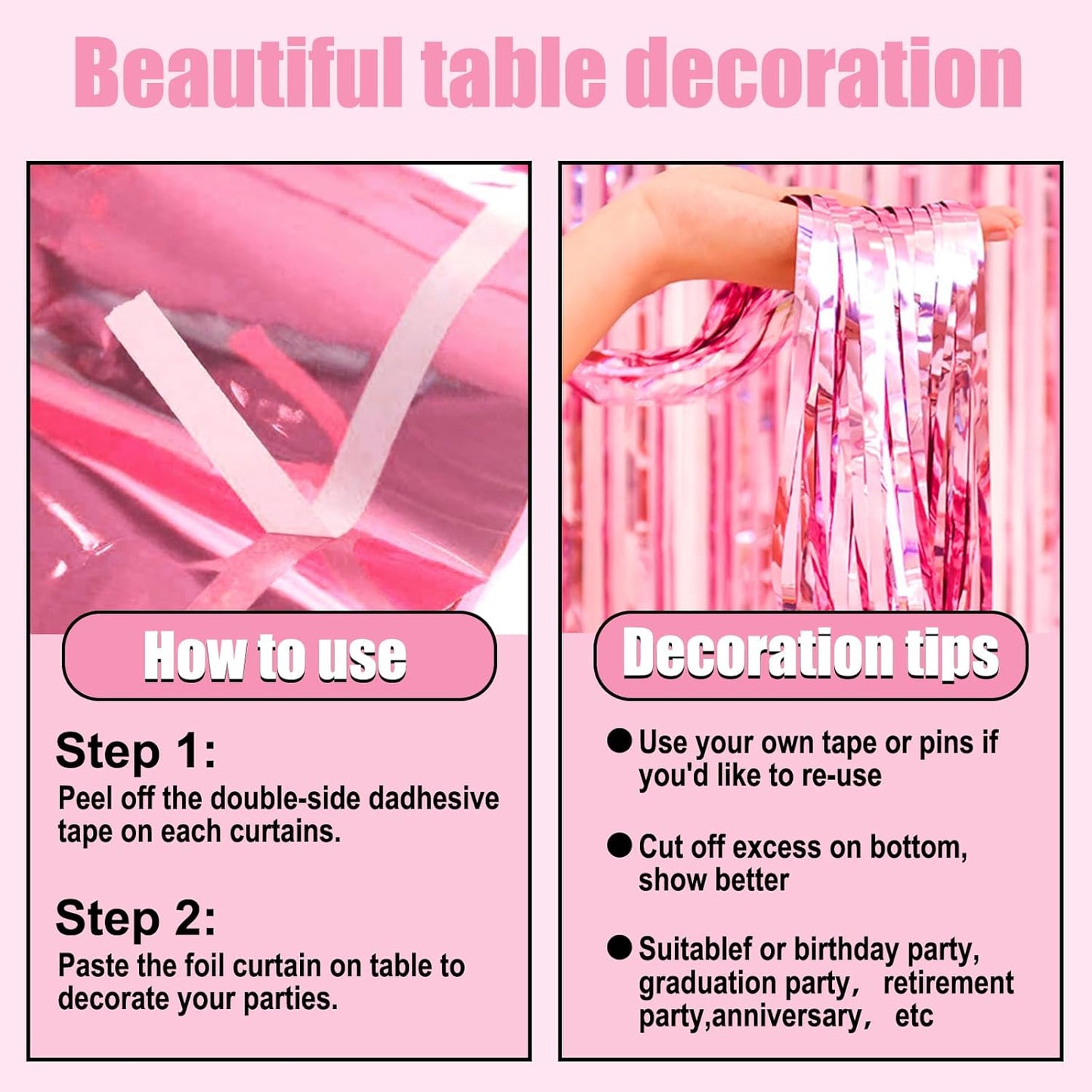 3 Pack 29 x108 Inch Pink Foil Fringe Table Skirts Metallic Banner for Tinsel Streamer Garland Backdrop for Parade Floats Wedding Thanksgiving Birthday Christmas Halloween New Year Party Decoration