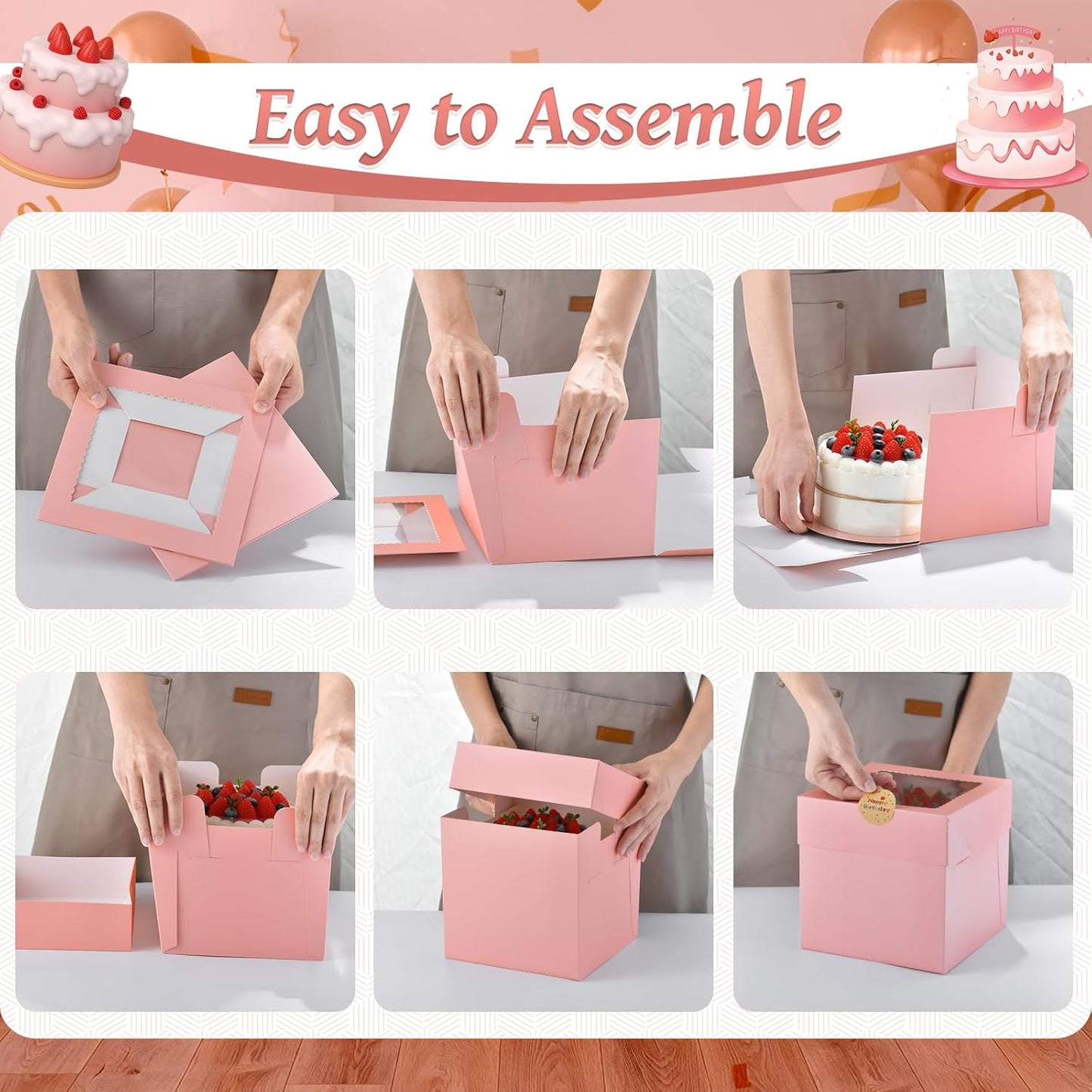 12Pcs Cake Boxes, 12x12x6 Inches Pink Bakery Boxes with Window, Large Disposable Cake Carrier Container for Pastries, Pie, Cookies, Chocolates, Cupcakes Dessert Boxes