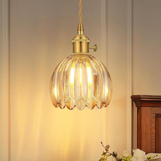 Vintage Gold Pendant Light, Pendant Light Fixtures with 70 Inch Cord and Amber Tulip Glass Lampshade, Ideal for Kitchen Island, Dining Room, Bedroom, Living Room & Entryway (Hardwired)