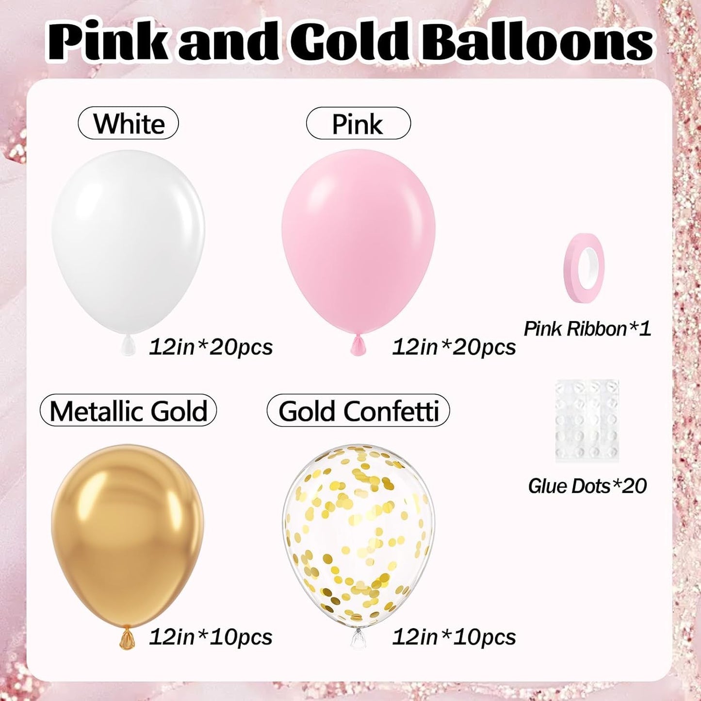60pcs Pink and Gold Balloons 12inch, Pink and White Balloon with Metallic Gold Confetti Balloons for Baby Shower Wedding Birthday Party Decorations