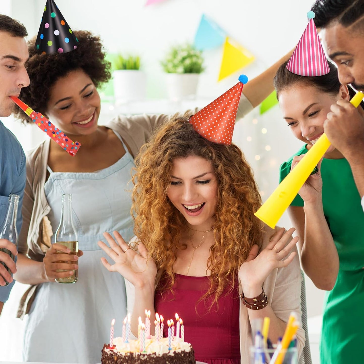 117 Pcs Birthday Party Cone Hats Muti-Color Birthday Cone Headwear Kids Cute Party Hat with Dragon Tassel Noise Makers Whistles Pom Poms Elastic Cord for Kids Baby Shower Costumes Supplies