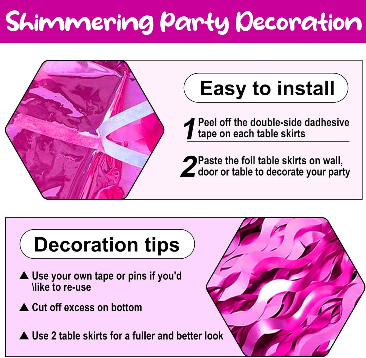 6 Pack 29 x108 Inch Rose Red Wave Foil Fringe Table Skirts Metallic Banner for Tinsel Streamer Garland Backdrop for Parade Floats, Mother's Day, Easter, Wedding, Birthday Party Decoration