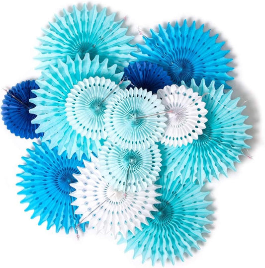 SUNBEAUTY Pack of 13 Blue White Hanging Honeycomb Paper Fans Party Decoration Kit for Baby Boy Shower 1st Birthday Navy Ocean Wedding Under The Sea Theme Photo Booth Backdrops Paper Party Supplies