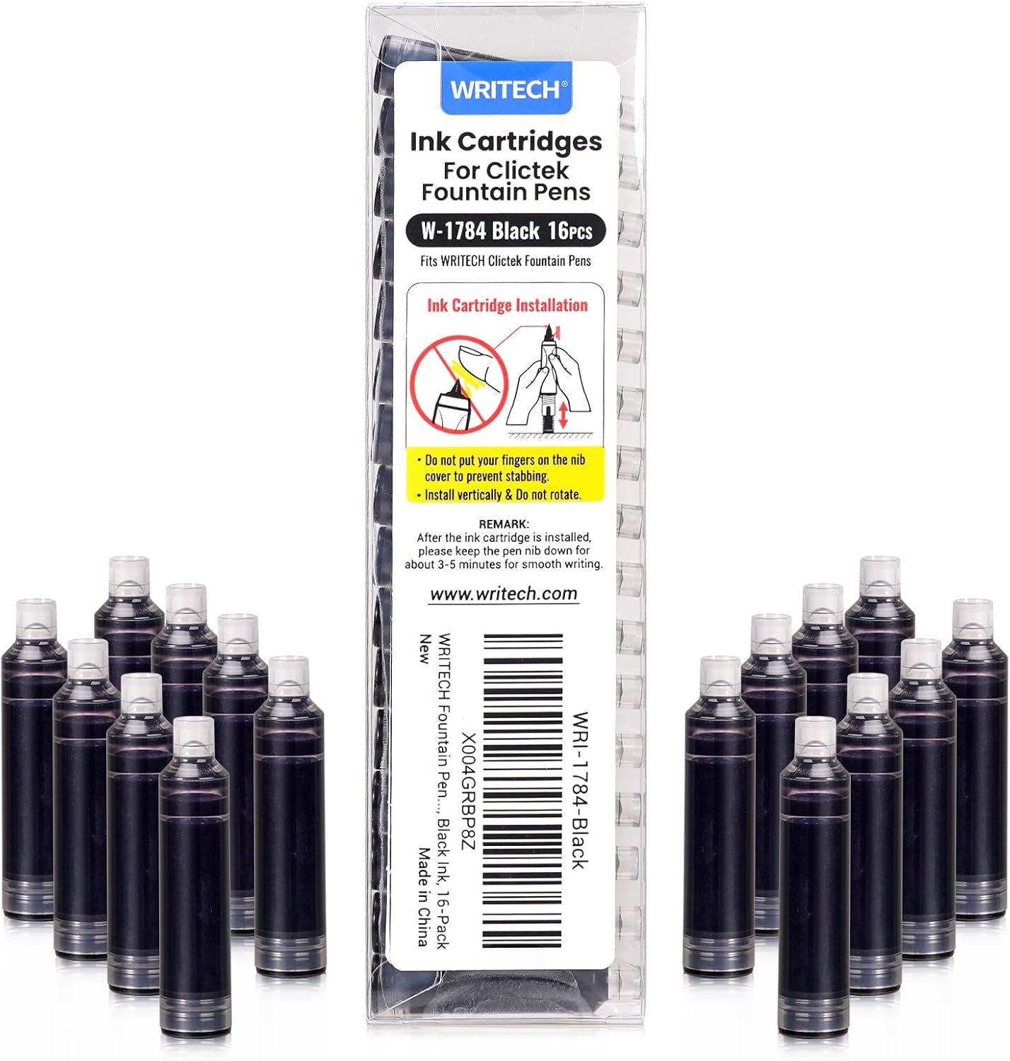 WRITECH Black Ink Cartridge Set: 16 Ink Cartridges Clictek Fountain Pens