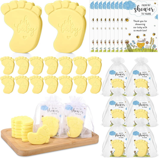 50 Sets Baby Shower Soap Favors for Guests - Mini Handmade Footprint Scented Soap with Thank You Cards and Organza Bag, Party Gifts for Gender Reveal Baptism Shower (Light Yellow)