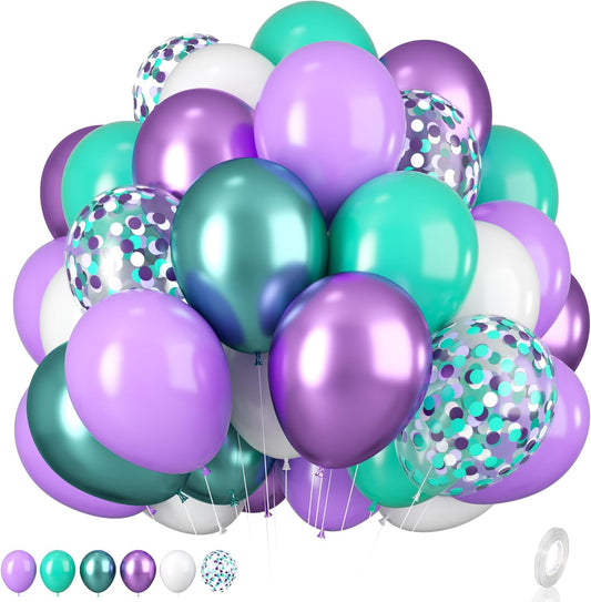 Mermaid Balloons, 12 Inches Purple and Green Balloons Teal Purple White Metallic Confetti Green Purple for Girls Mermaid Birthday Party Decoration Baby Shower Under The Sea Party Decorations