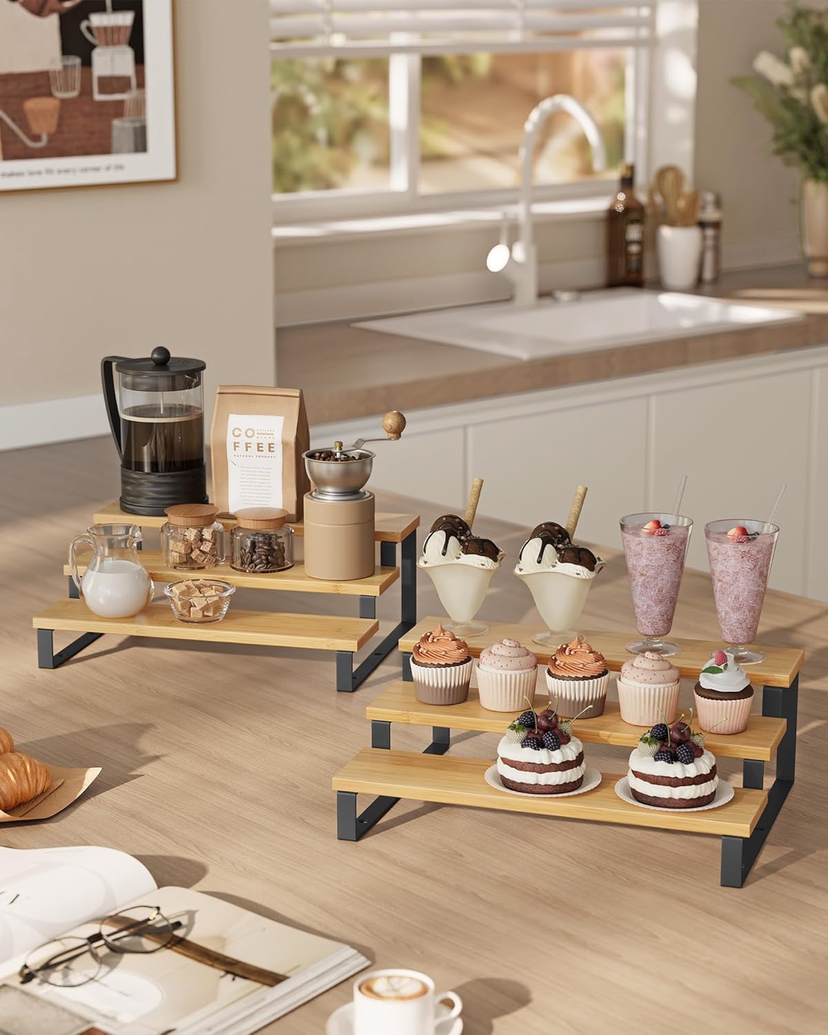 SONGMICS Display Risers, Set of 2 Engineered Wood Perfume Organizer Stand, 3-Tier Cupcake Stand Holder, Spice Rack, Shelf Risers for Figures, Dessert Shelves, Natural Beige and Ink Black UKCS016N01