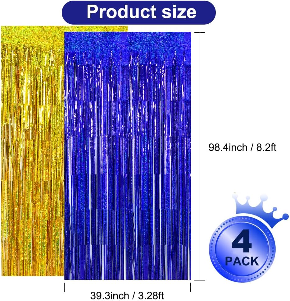 BEISHIDA 4 Pcs Blue and Gold Party Streamers Fringe Foil Curtain Backdrop Tinsel Background Party Decoration for Door Wall Graduation Birthday Wedding Anniversary Party Decoration(3.28 Ft x 8.2 Ft)