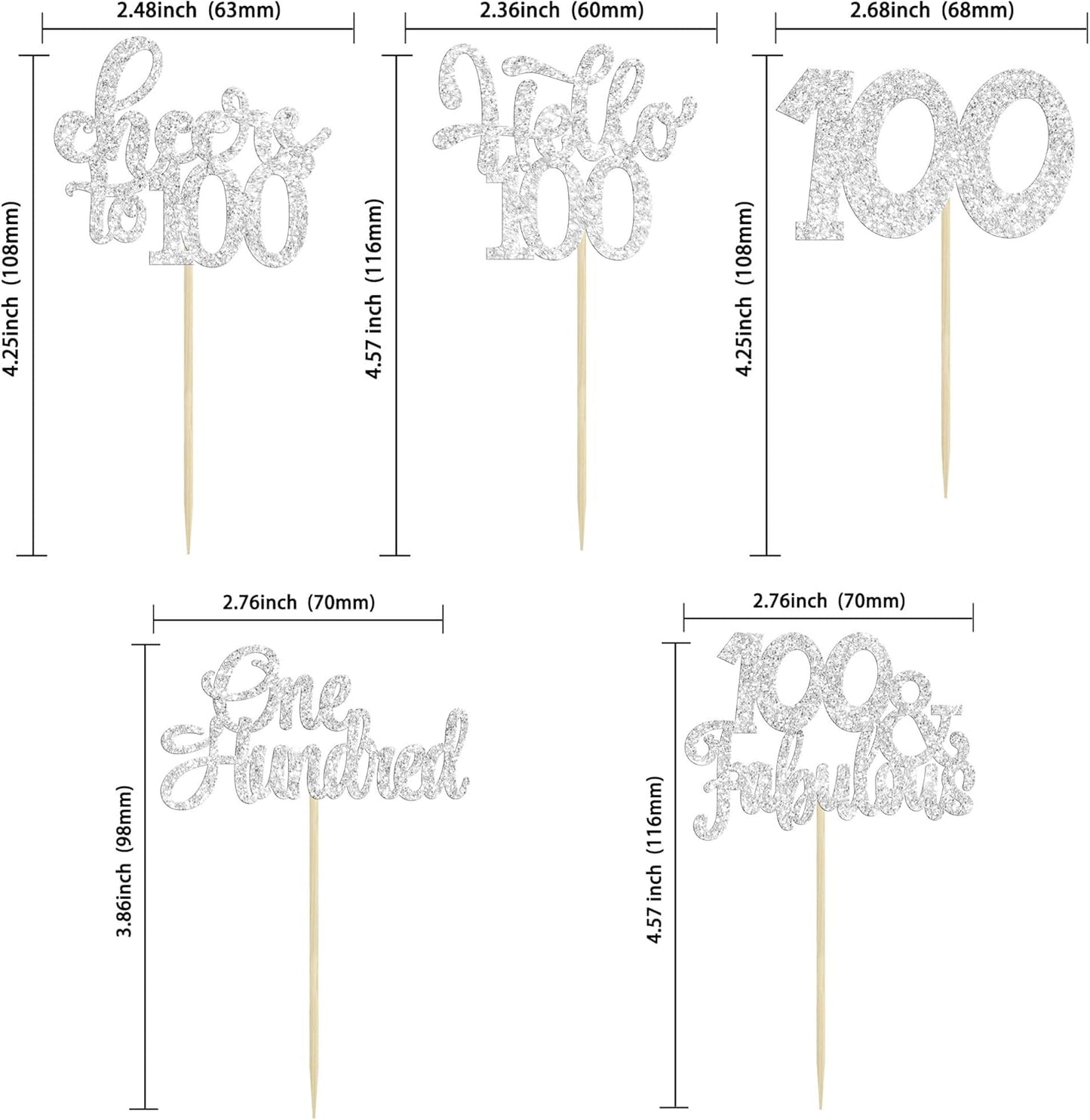 30pcs Happy 100th Birthday Cupcake Toppers - Silver Glitter One Hundred Cheers to 100 Years Old Cupcake Picks for Anniversary Party Cake Decorations