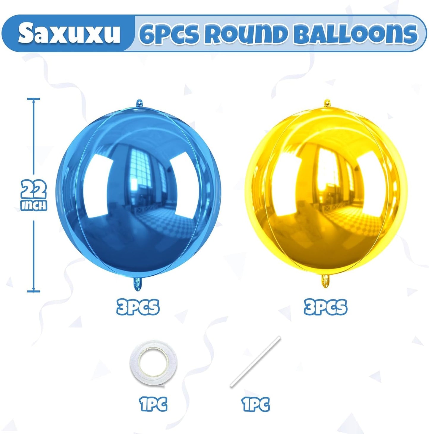 Blue Gold Giant 4D Foil Balloons, 6 Pcs Large Metallic Blue and Gold Round Balloons, 22 Inch Big Round Foil Balloon for Graduation Prom Birthday Party Baby Shower Decorations