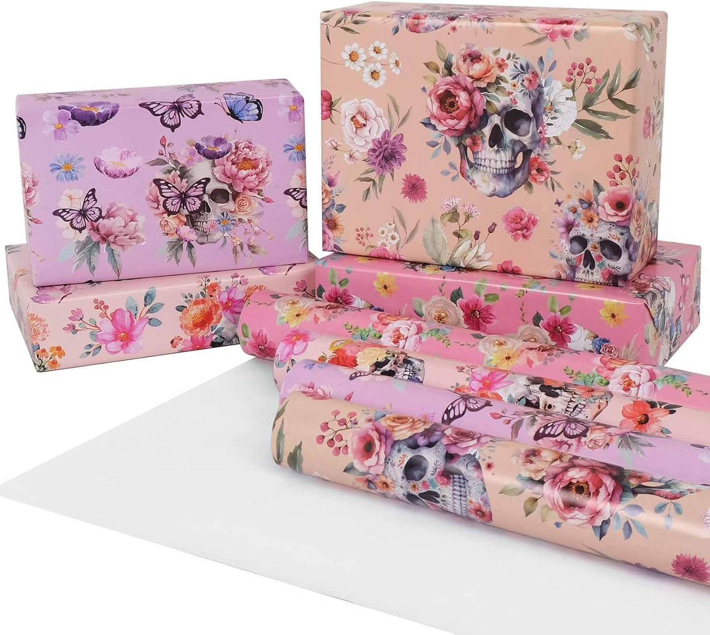 Aimyoo Gothic Wrapping Paper Rolls, 17 Inch X 10 Feet - 4 Rolls - Skull Floral Butterfly Design Gift Wrap Paper for Mother's Day, Birthday Bridal Shower