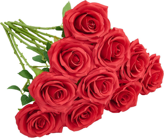 Artificial Rose 10pcs Red Silk Flower Faux Artificial Roses with Long Stems for Wedding Arrangement, Bridal Bouquet, Centerpiece, Fake Faux Silk Flowers