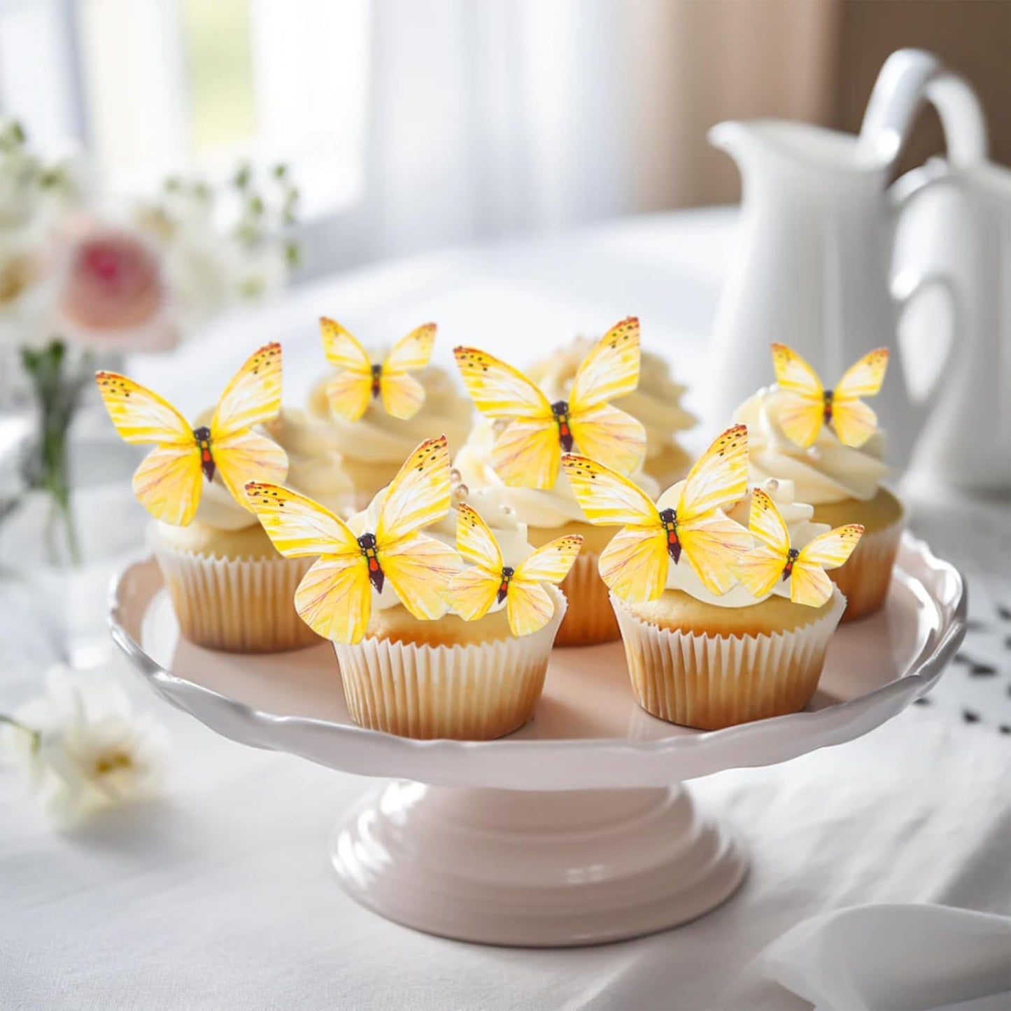 Ephlyn 72Pcs Edible 3D Realistic Cupcake Toppers - Cute Butterfly Cake Picks for Baby Shower, Boys Girls Birthday Party Decorations - Yellow