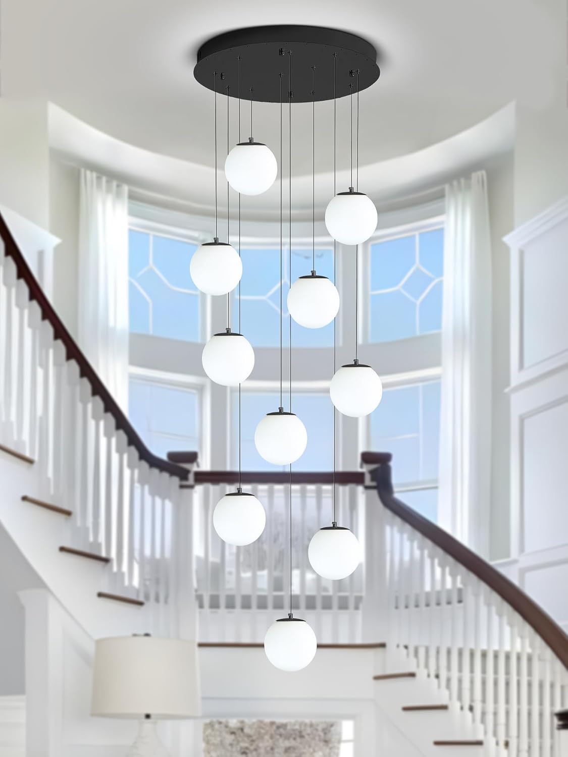 H118 Large Chandeliers for High Ceilings,12-Lights Mid Century Globe Chandelier Black Modern Globe Pendant Light for Entryway Villas and Stairs