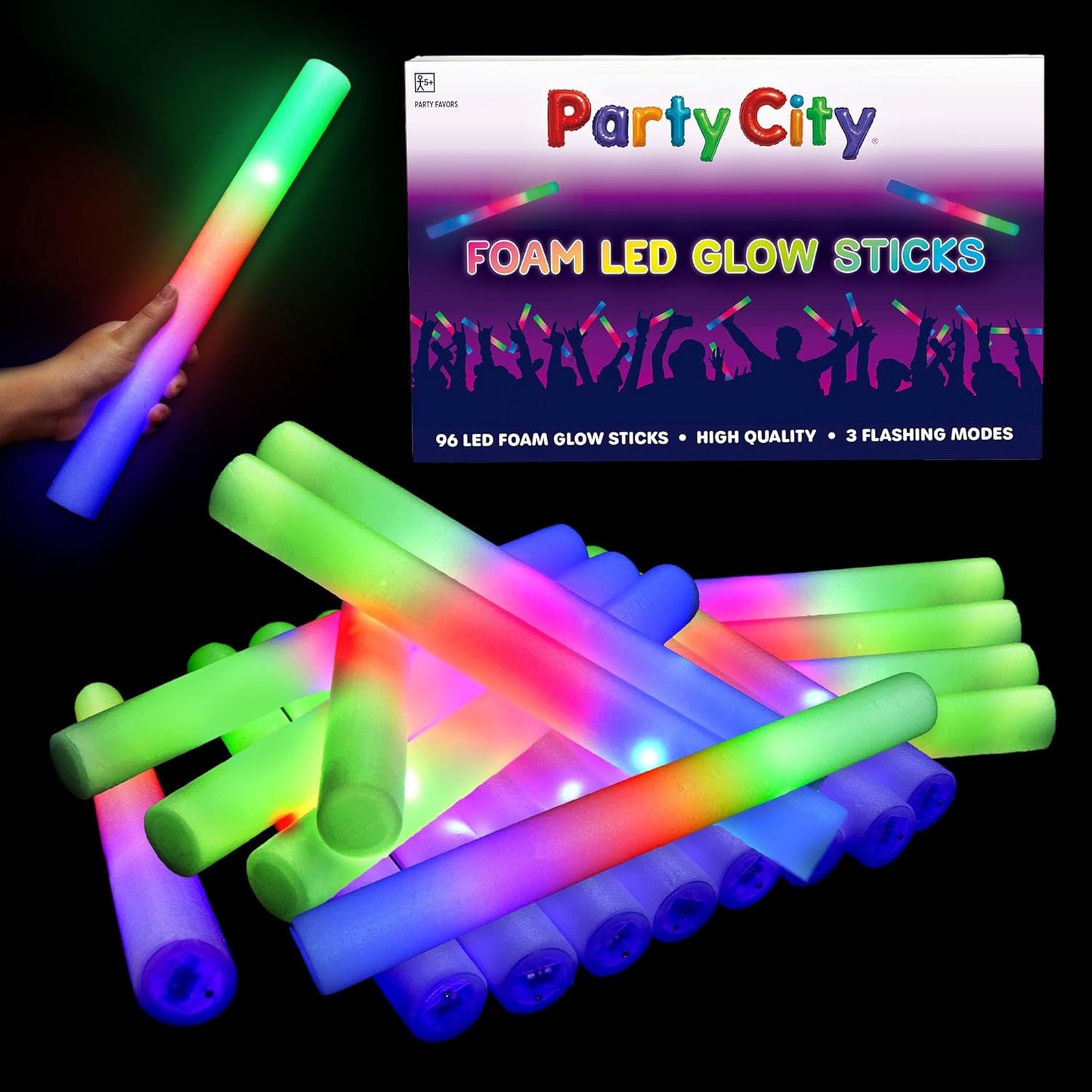 Party City 96pk LED Foam Glow Sticks 14”- Glow in the Dark Party Supplies Favors, Colorful Flashing Wand with 3 Modes, Foam Light Up Sticks Bulk Party Pack for Wedding, Birthday, Concert, Halloween