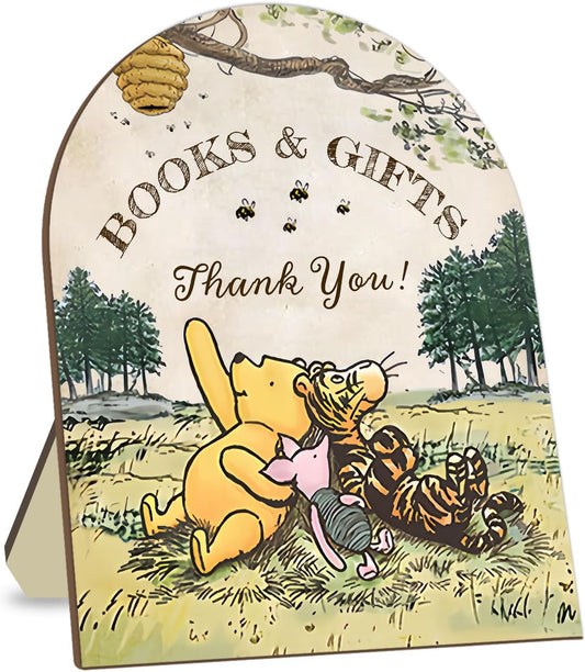 Winnie Books and Gifts Sign, Classic Winnie Thank You Wooden Sign, Bridal Shower Baby Shower Favors, Cute Aniamls Decor Thank You Sign with Stand for Baby Shower Party 8 * 10IN