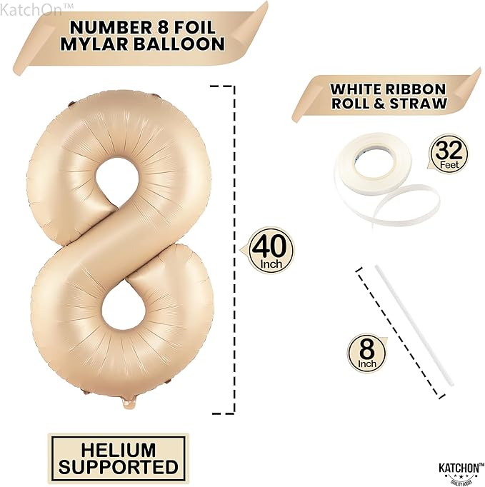KatchOn, Huge Caramel Number 8 Balloon - 40 Inch | Number 8 Balloons for Retro Party Decor | Eight Balloon Number | Neutral Party Decorations | Big 8 Balloon Number, 8th Birthday Decorations for Girls