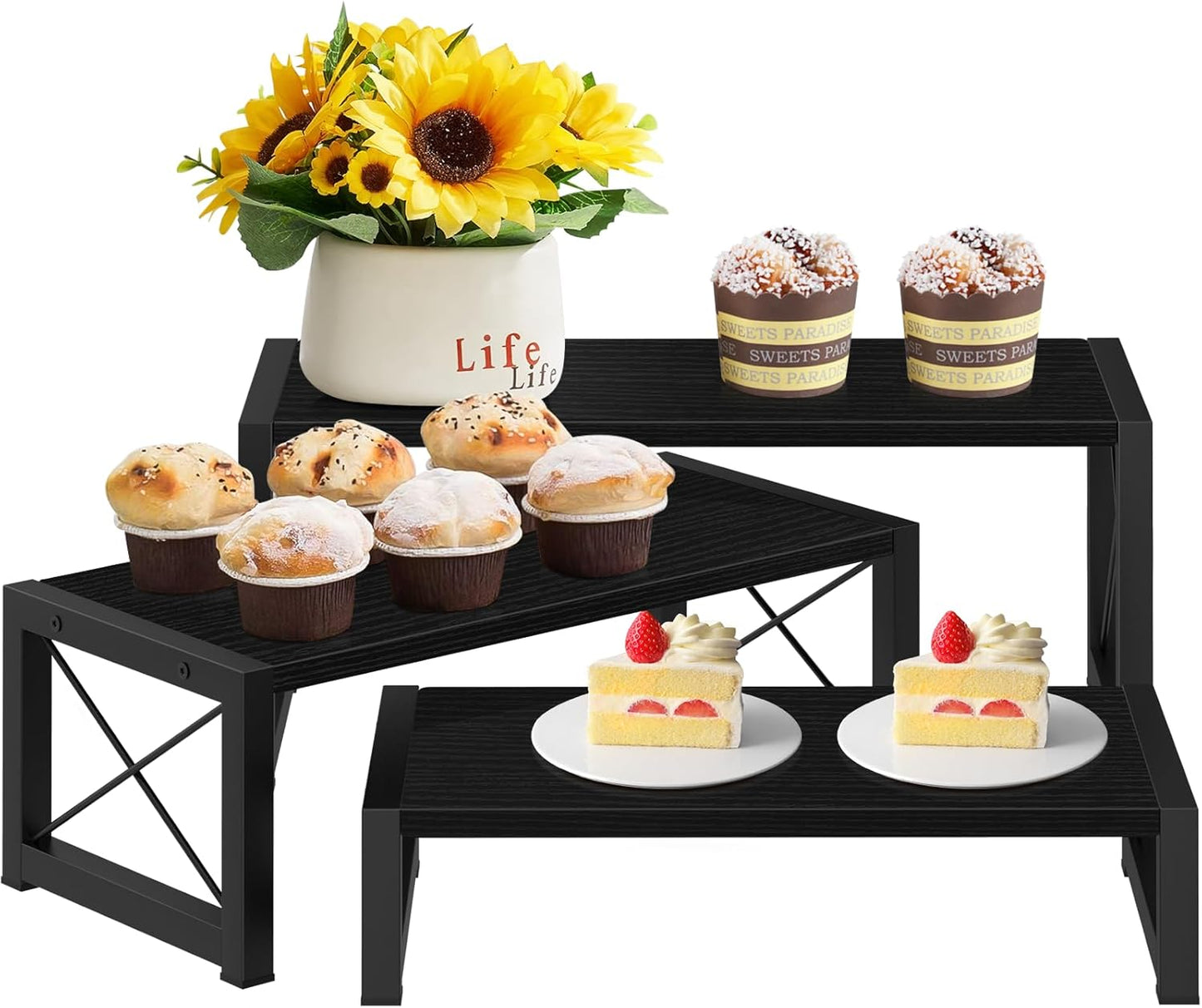 ELITEROO Black 3-Tier Wooden Cupcake and Dessert Display Stand, Multi-Tier Riser for Cupcakes, Food, Perfume, Makeup, Dolls, Collectibles, and Market Vendor Retail Shelf Organizer