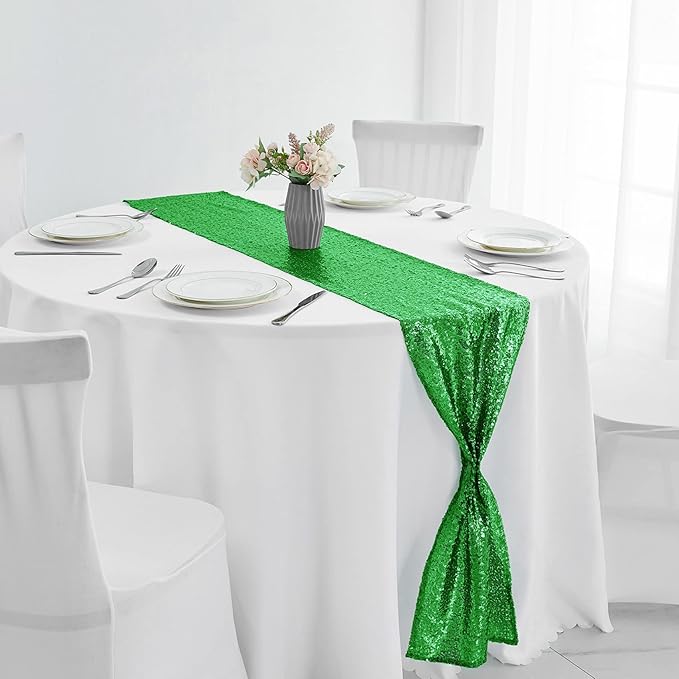 2 Packs 12 x 72 inches Grass Green Sequin Table Runner, Glitter Runner for Birthday Party Supplies Decorations Wedding Bachelorette Holiday Celebration Bridal Shower Baby Shower