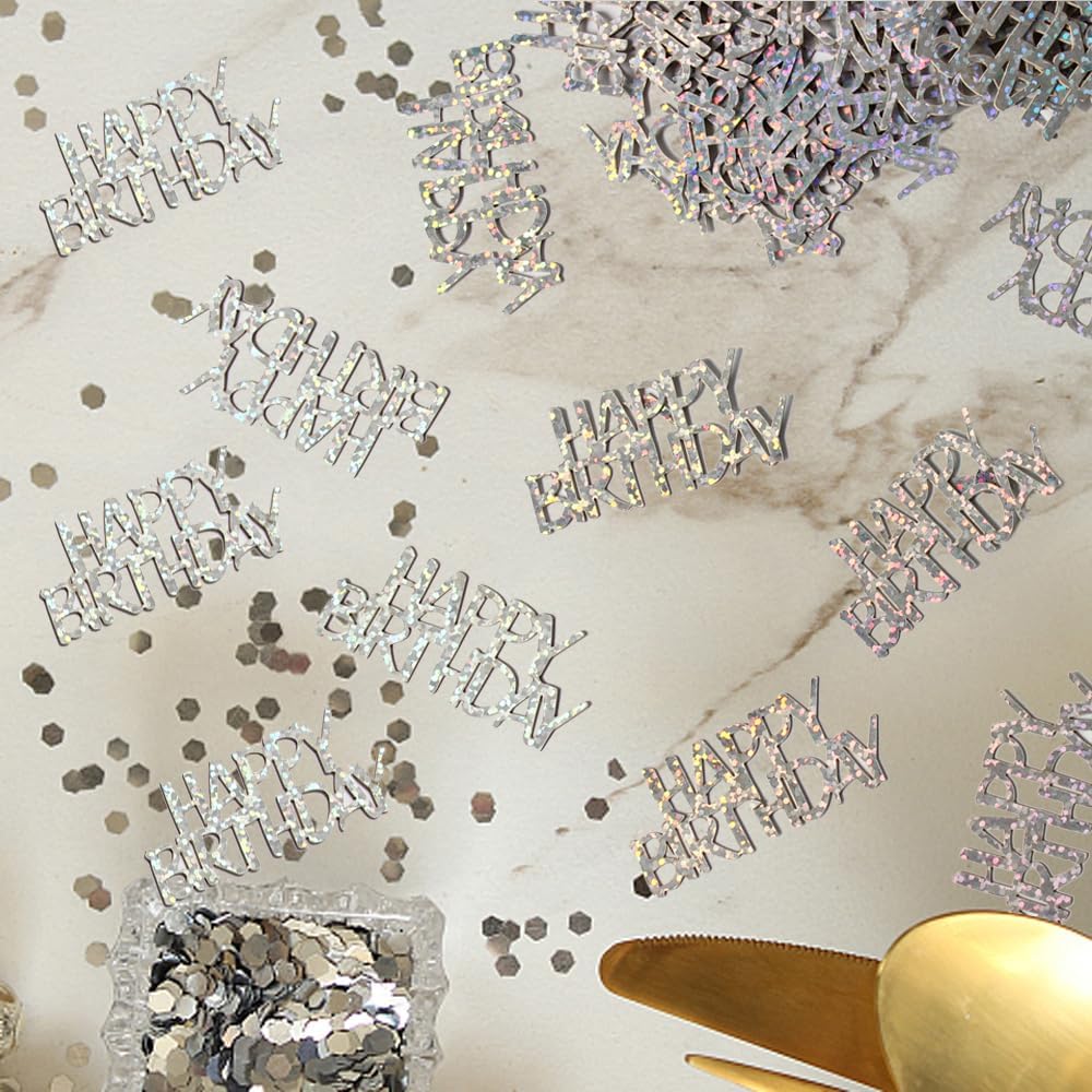 100PC Confetti Happy Birthday Table Decorations - Silver Table Scatters for Disco/Music Themed Birthday Anniversary Party Supplies