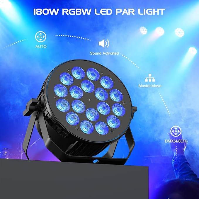 Stage Par Lights, 18X10W RGBW 4-in-1 LED DJ Par Can Light, Full Cast-Aluminum Party Uplight with Strobe Wash Effect by DMX512 & Sound Activated for Wedding Festival Event DJ Live Show - 4 Pack