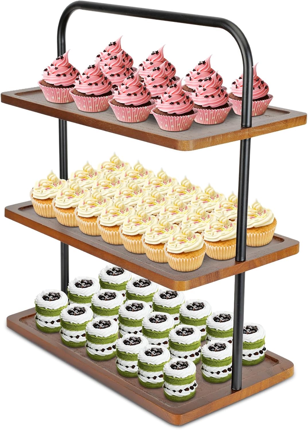 Solid Hardwood Cupcake Stand (Not Medium Density Fiberboard/Plywood), Raised Edges for 50 Cupcakes, 3 Tier Wooden Dessert Holder for Party, Woodsy Rustic Tower for Decor/Wedding/Birthday