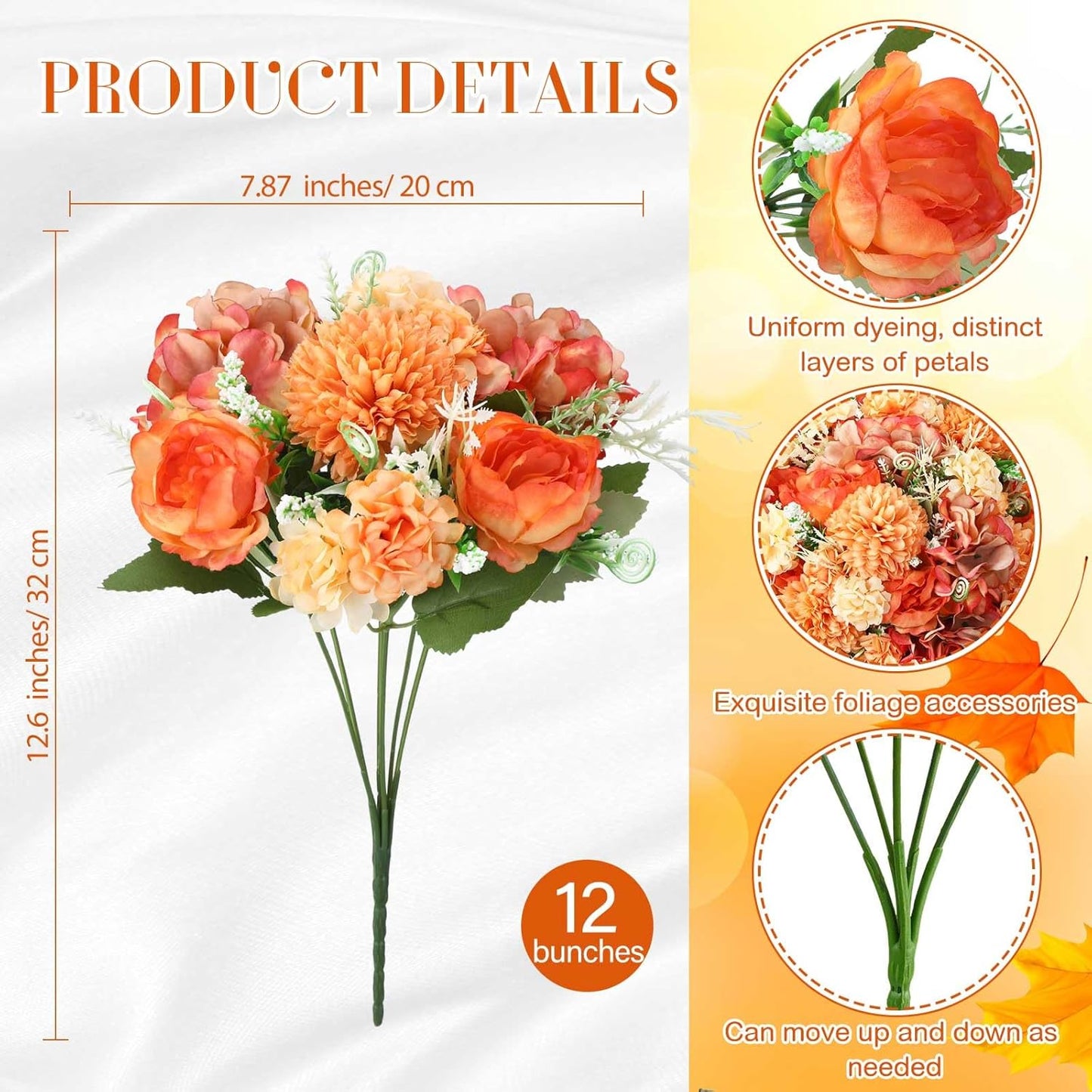 Tigeen Artificial Flowers Artificial Peonies Silk Flowers Faux Peony Fake Peony Silk Hydrangea Bouquet for Wedding Table Centerpiece Floral Vase Decor (Bright Orange,12 Bundles)
