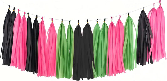Pink, Black, and Green Tissue Tassel Garlands, Party Decoration Tissue Tassel Banner, Set of 15 Pieces