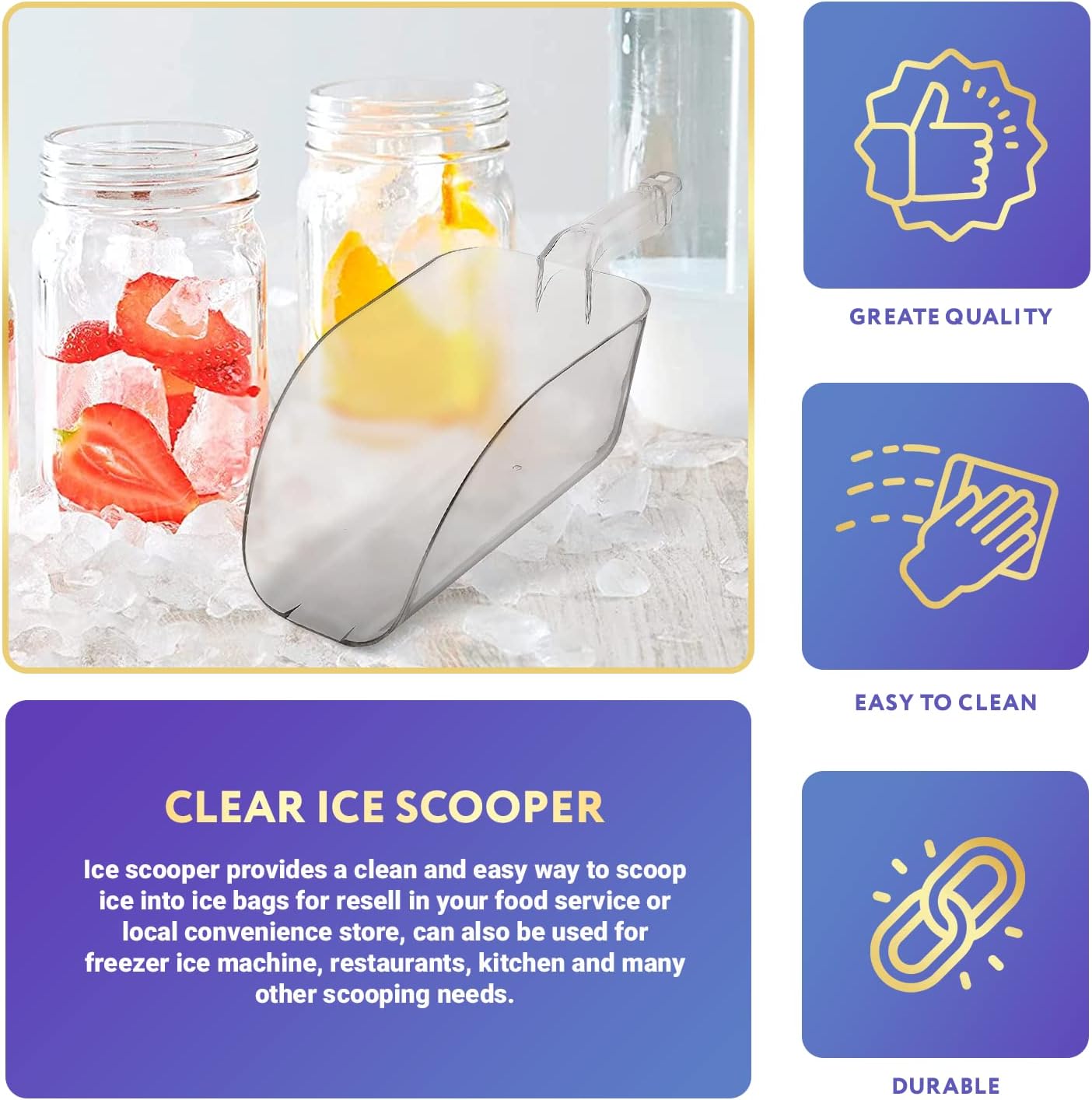 APQ Ice Scooper 64 oz. Clear Plastic Scooper for Food Service Applications Flat Bottom Scooper Freezer Ice Machine Restaurants Kitchen Buffet Party Candy Popcorn Heavy Duty Long Lasting